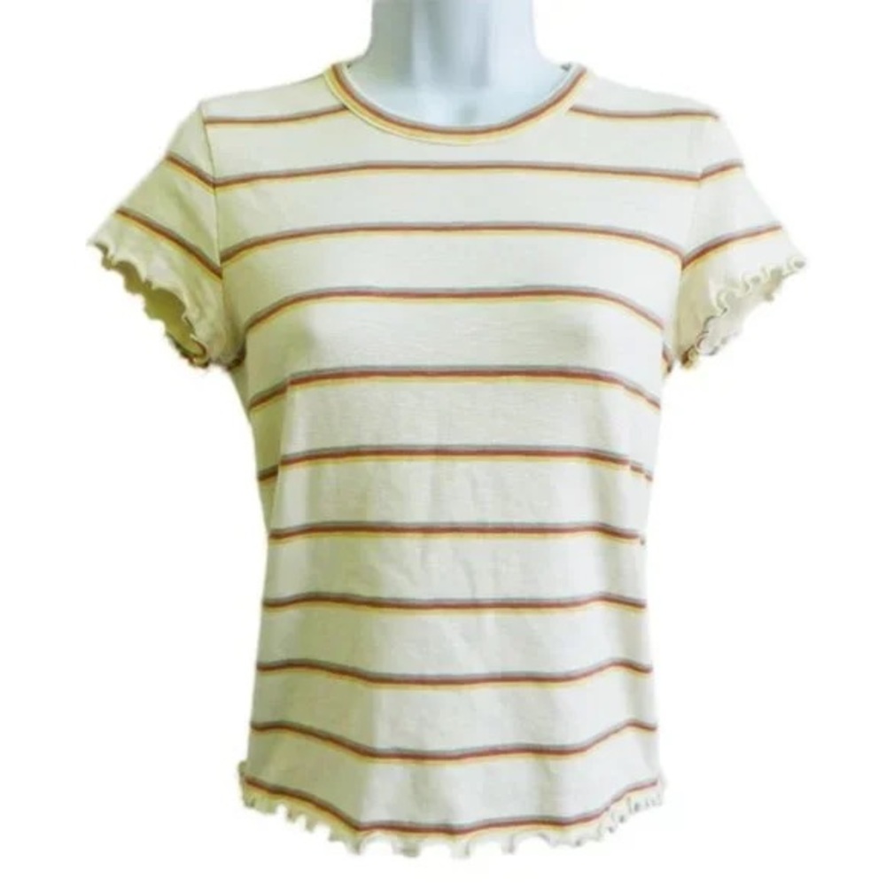 Madewell Cream and Brown Striped Ruffle Sleeve Tee